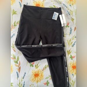 NWT DKNY Sport Women’s Black Cotton Blend Leggings Stretch w/ White & Pocket